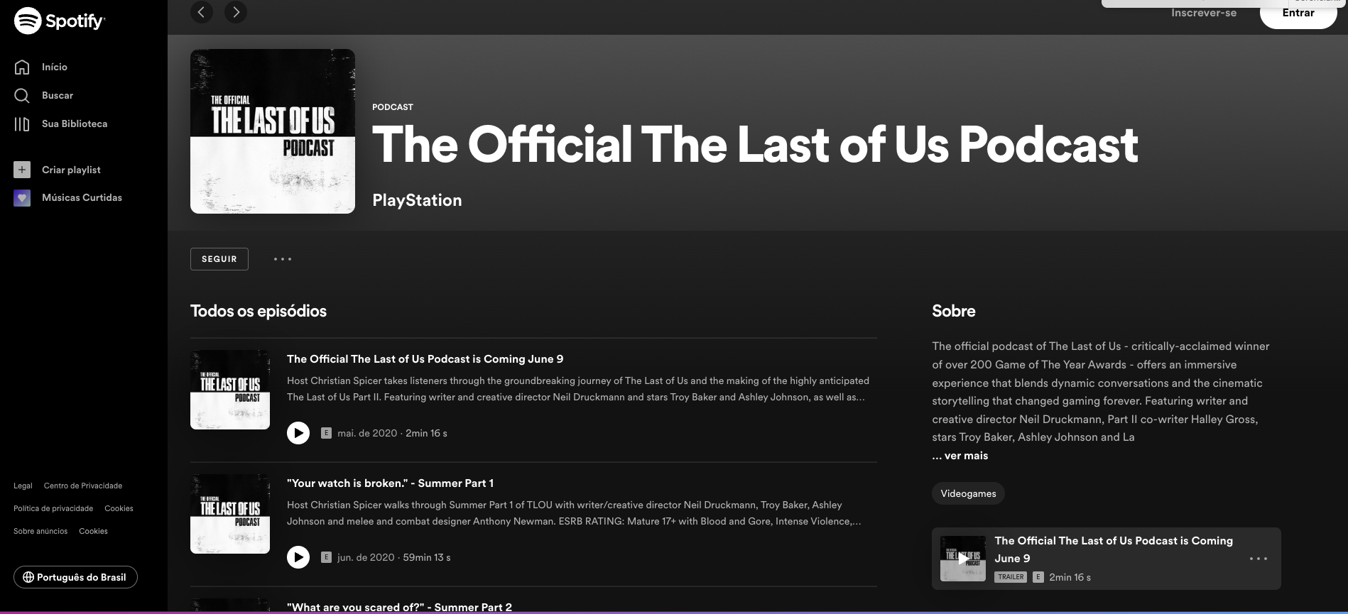 Tela de home do podcast da série The Last of Us.